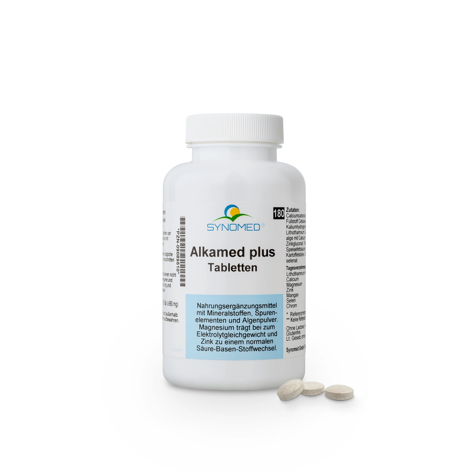 AlkaMed PLUS Tabletten Packung mit 180 Tabletten, ohne Tabletten.