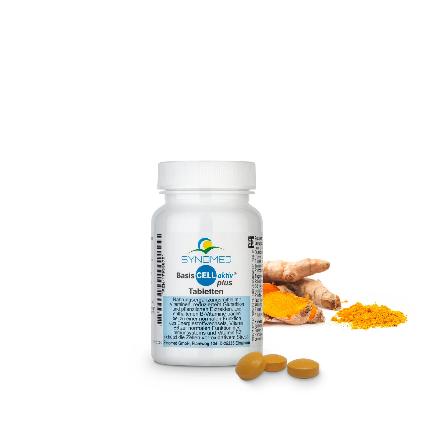12 Basis Cell aktiv PLUS Dose mit Tabletten und Kurkuma.