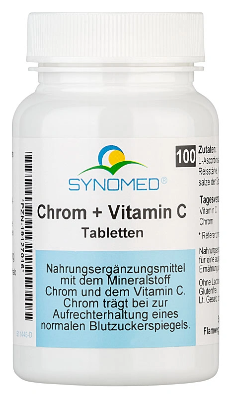 Chrom & Vitamin C Tabletten in einer weißen Dose.