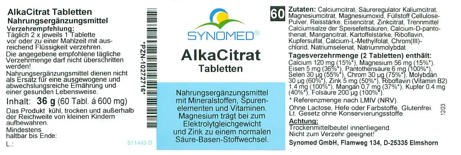 Schriftzug "AlkaCitrat" in weiß auf blauem Hintergrund.