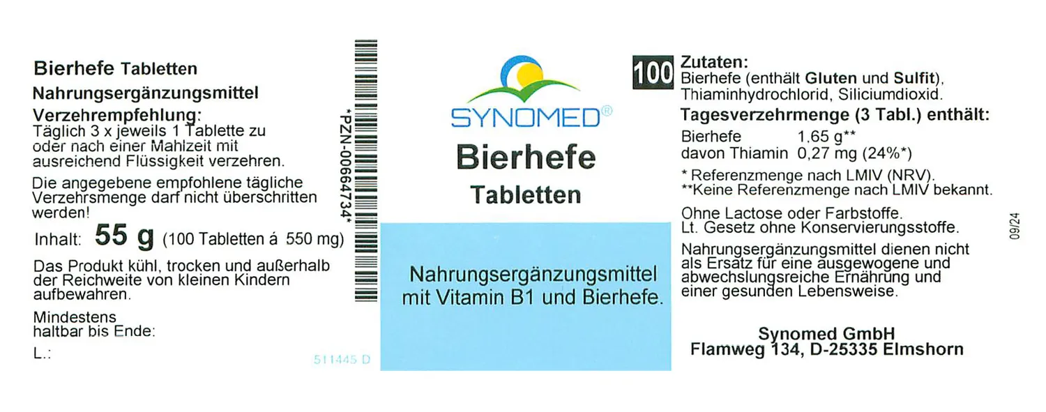 Blisterpackung mit Bierhefe-Tabletten, 100 Stück.