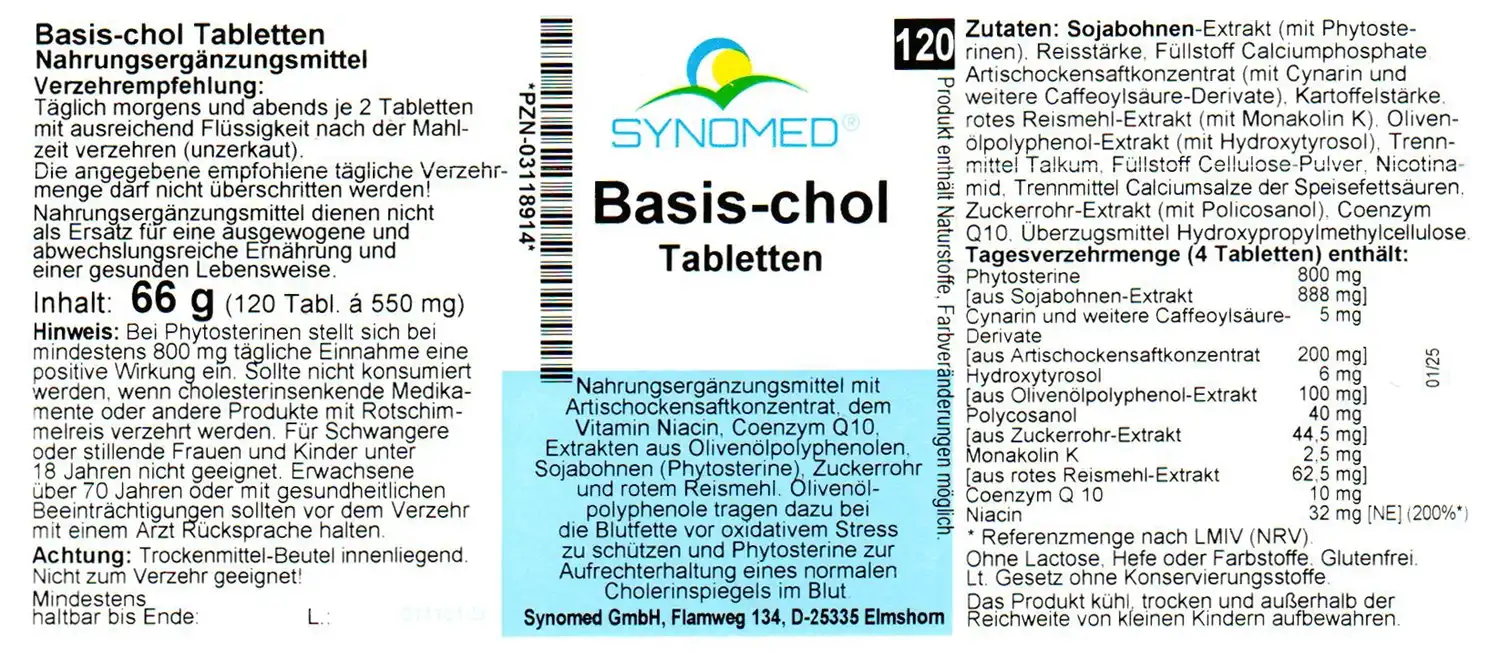 Etikett "Basis-chol" Tabletten, 120 Stück, Verfallsdatum 09.01.2025.
