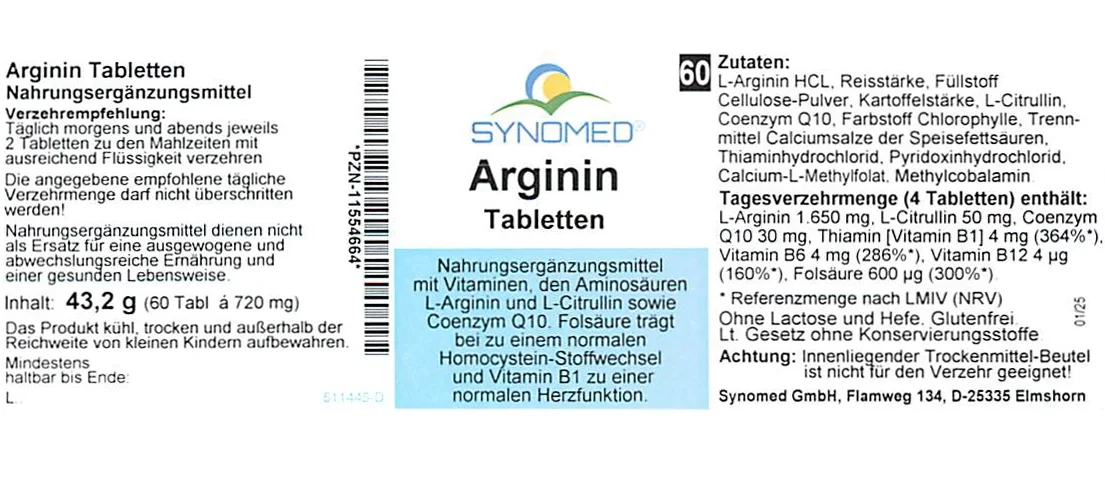 Arginin-Nahrungsergänzungsmittel, 60 Kapseln in einer weißen Dose.