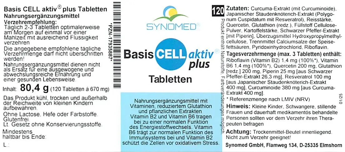 Braune Kapseln "Basis CELL aktiv® plus" in Blisterpackung.
