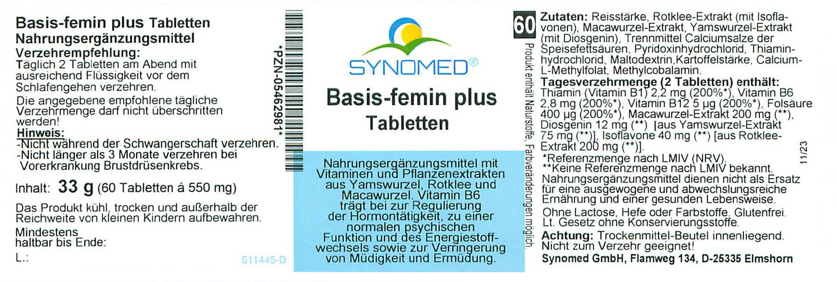 Blisterpackung mit 60 Basis-femin plus Tabletten, weiß und rund.