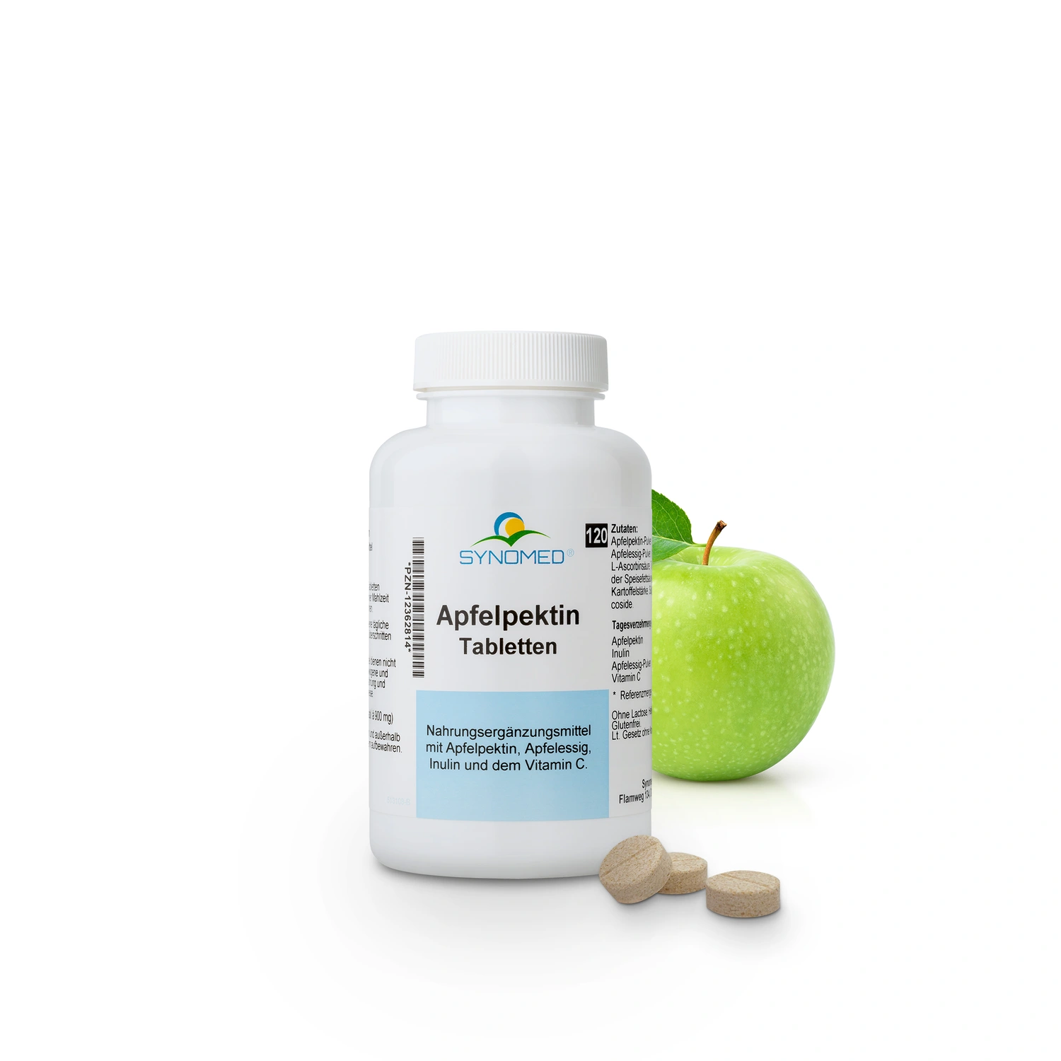 Weißer Behälter mit Apfelpektin-Tabletten (120 Stück).