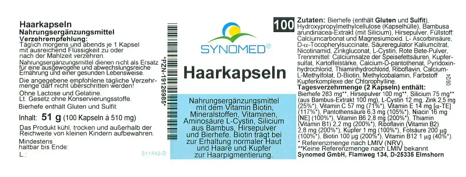 Etikett einer Verpackung mit 48 Haarkapseln, September 2024.