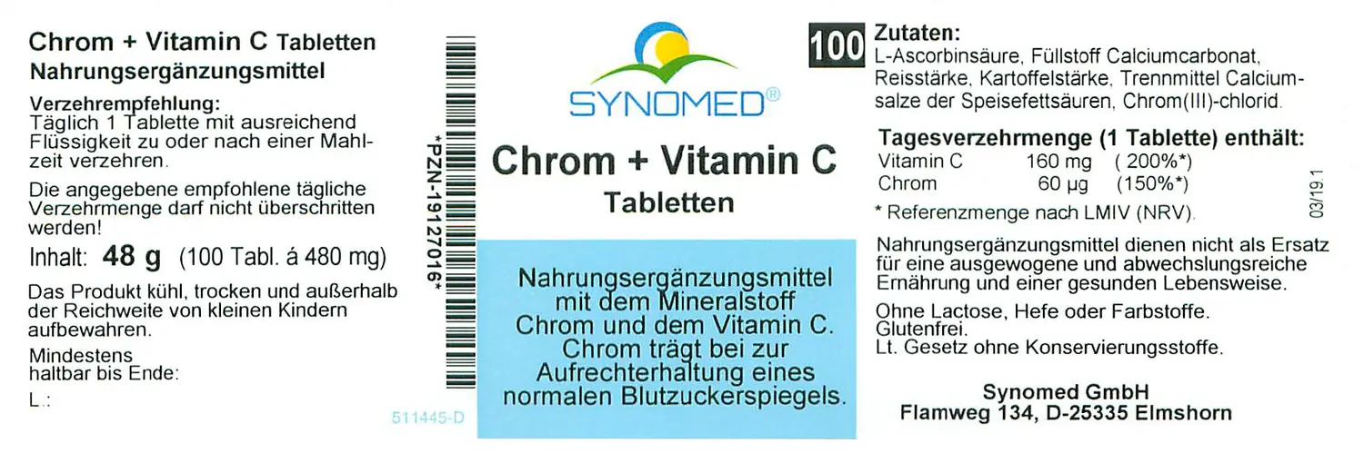 Chrom- und Vitamin C-Tabletten in Blisterpackung, 100 Stück.
