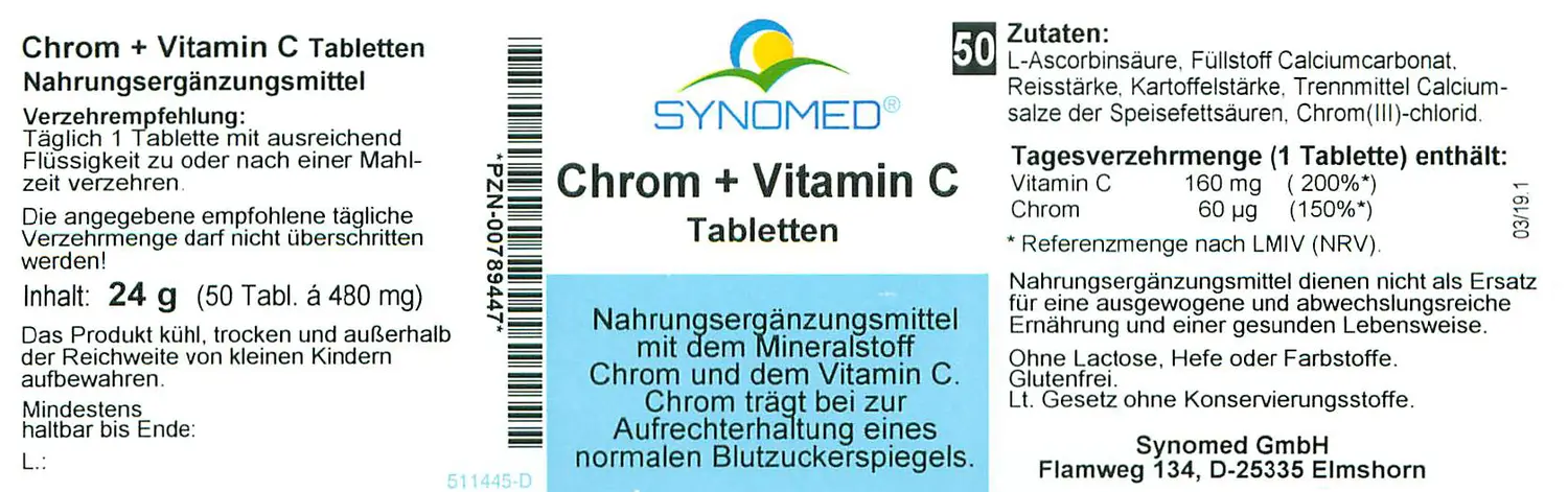 Chrom + Vitamin C Tabletten, 50 Stück Packung.
