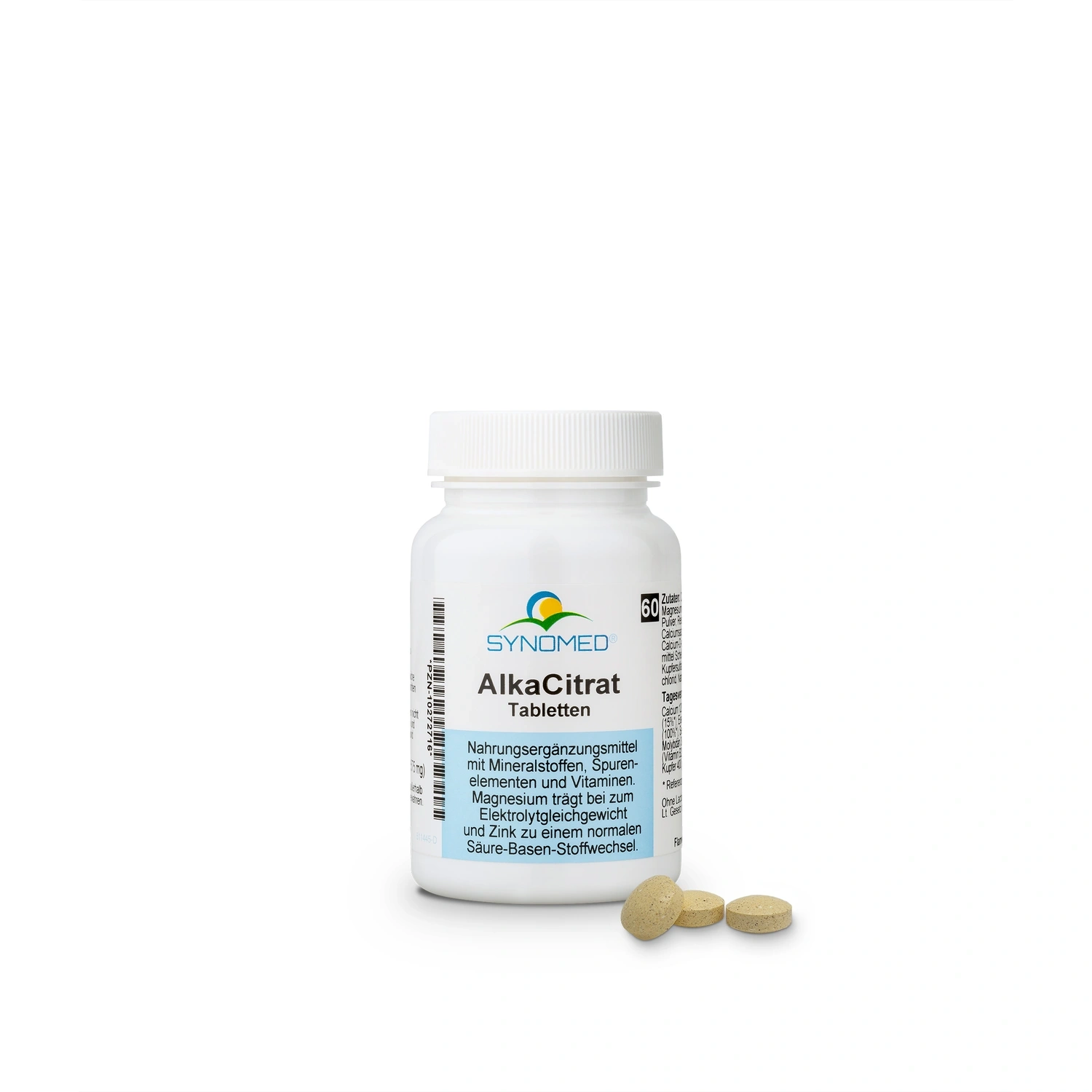 Verpackung von AlkaCitrat-Granulat, weißer Hintergrund, Tabletten-Symb