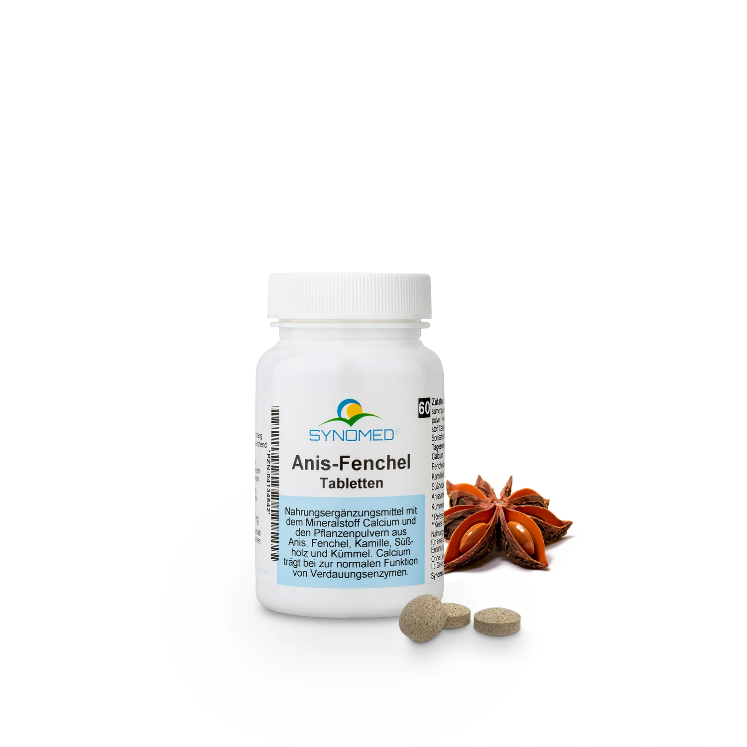 Braune Tabletten mit Anis und Fenchel, auf einer weißen Fläche.