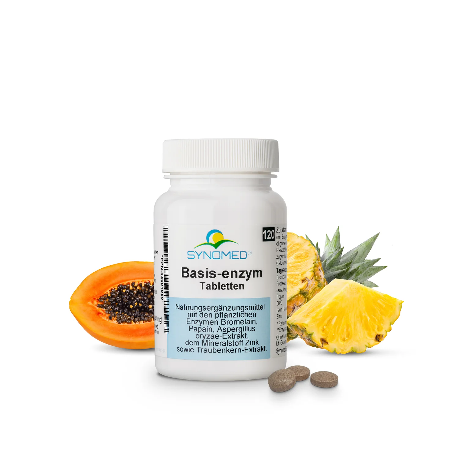 Tablettenpackung "15 Basis Enzym" mit Papaya & Ananas.