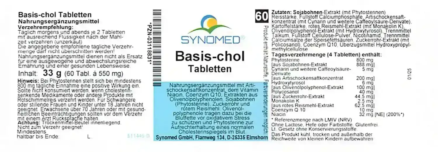 Etikett der -Basis-chol Tabletten, 25-2, detailliert mit Text.