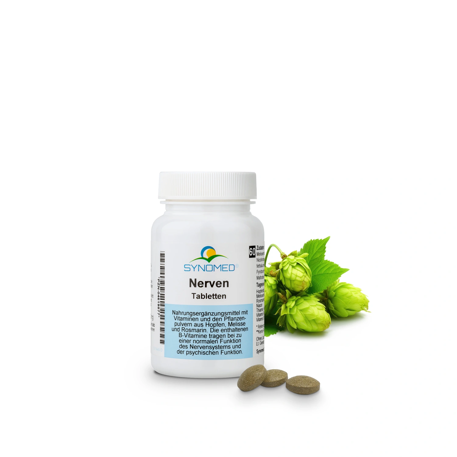 Braune Tabletten „55 Nerven Tabl Produkt - Hopfen“ in Blisterpackung.