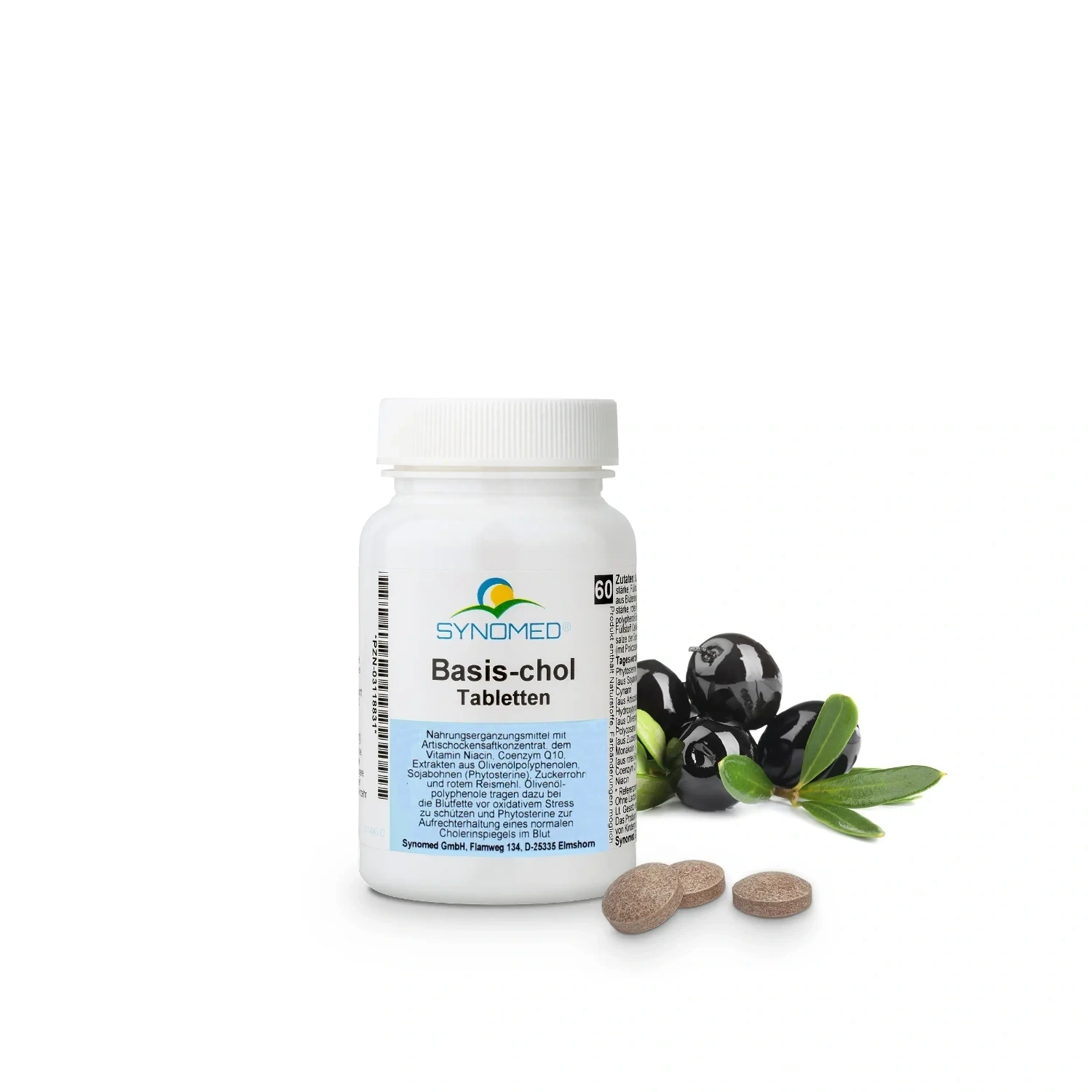 Braune Tabletten und Kapseln in Blisterpackung, daneben Oliven.